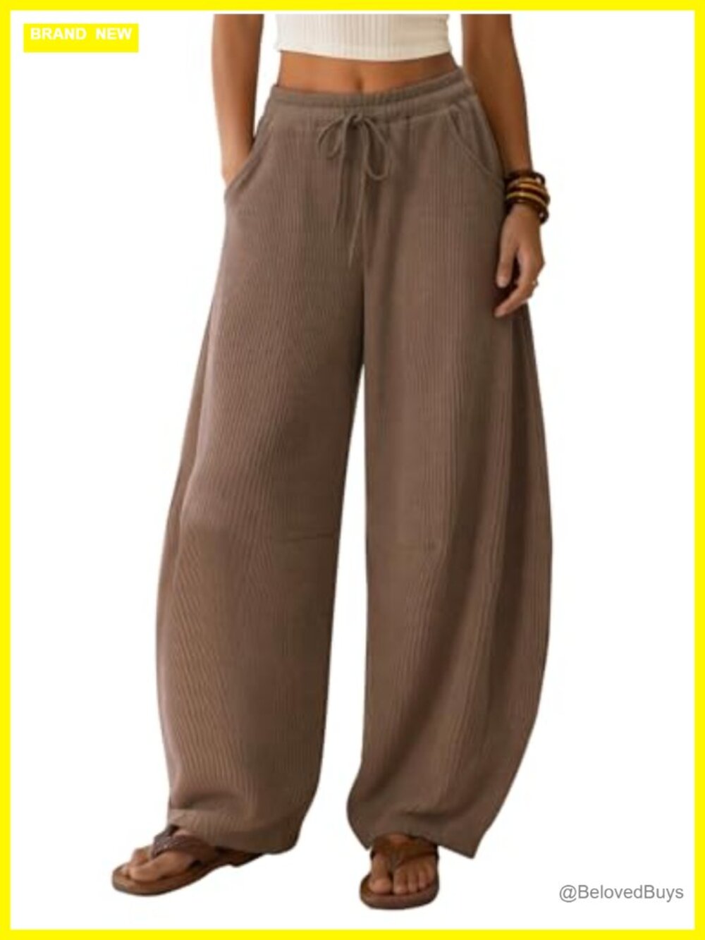 Waffle Knit Barrel Wide Leg Drawstring Sweatpants Pockets